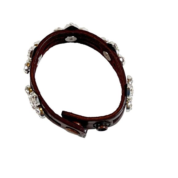 Brown Leather Bracelet w Rhinestone Fleur De Lis Rocker Chic Double Row Station - Picture 5 of 10